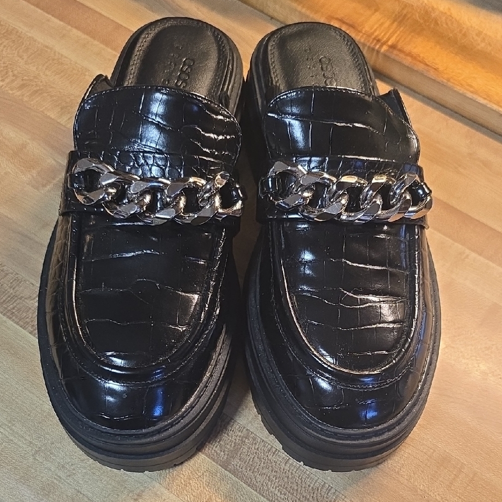 ASOS Black Croc-Embossed Mules with Chain Accent
